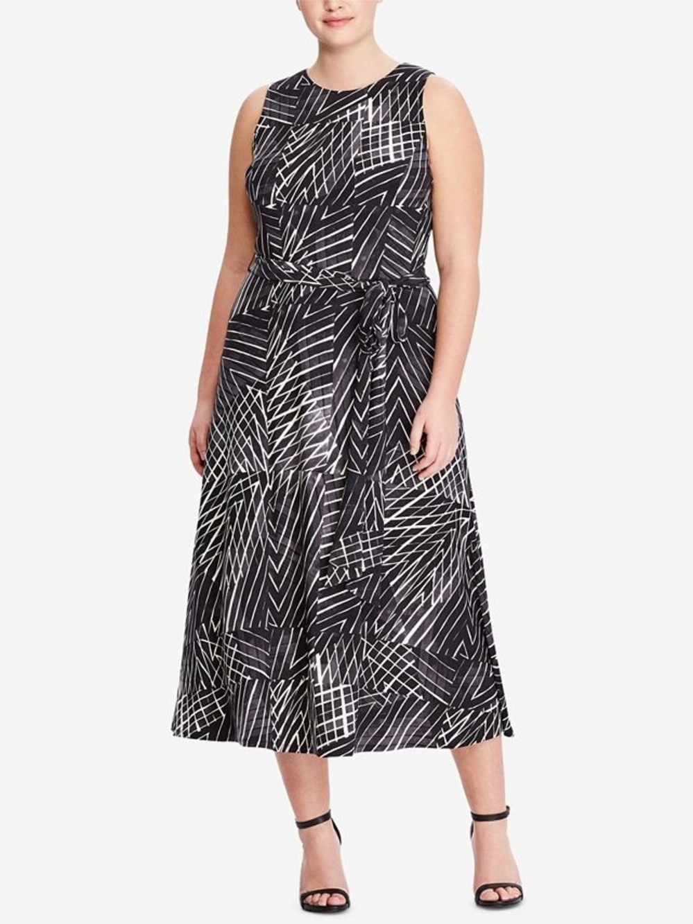 Lauren Ralph Lauren Geometric Midi Dress 12 Tie Waist Black Gray Ivory - Picture 2 of 13